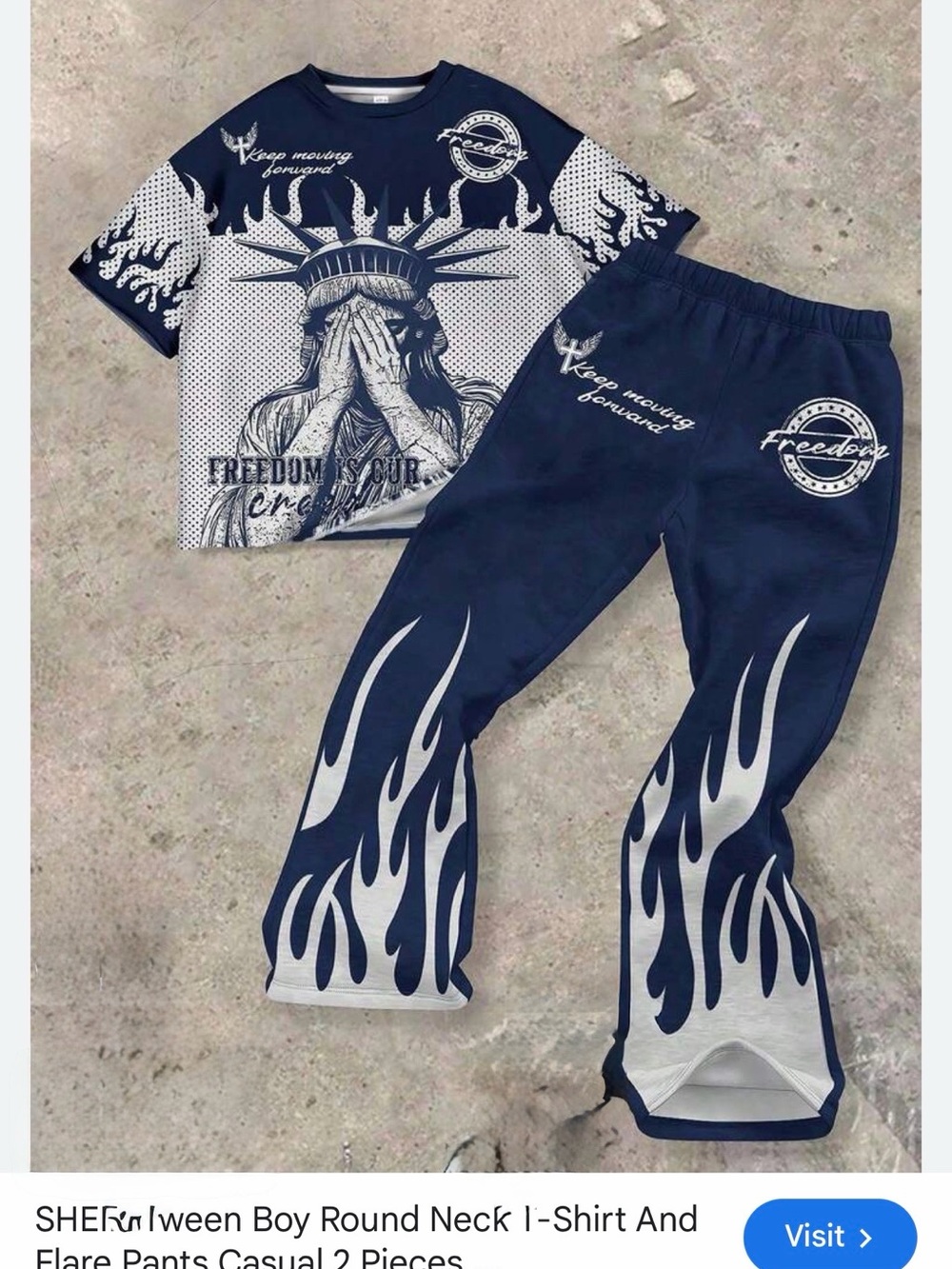 SHEIN Navy and White Kids Matching Set - Statue Graphic Tee & Flare Pants